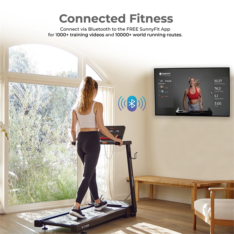 Sunny Health & Fitness Interactive Slim Auto Incline Treadmill w/Bluetooth-Black
