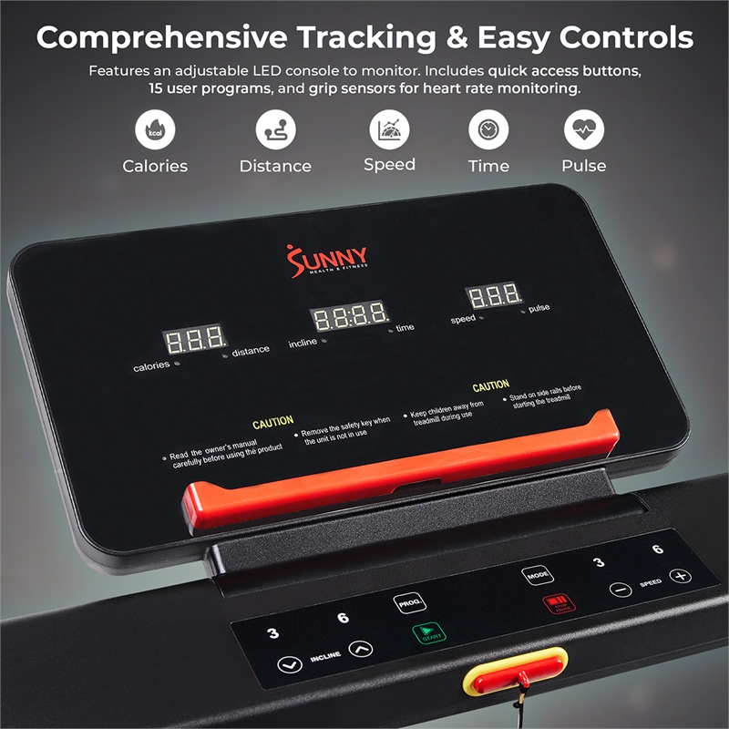 Sunny Health & Fitness Interactive Slim Auto Incline Treadmill w/Bluetooth-Black