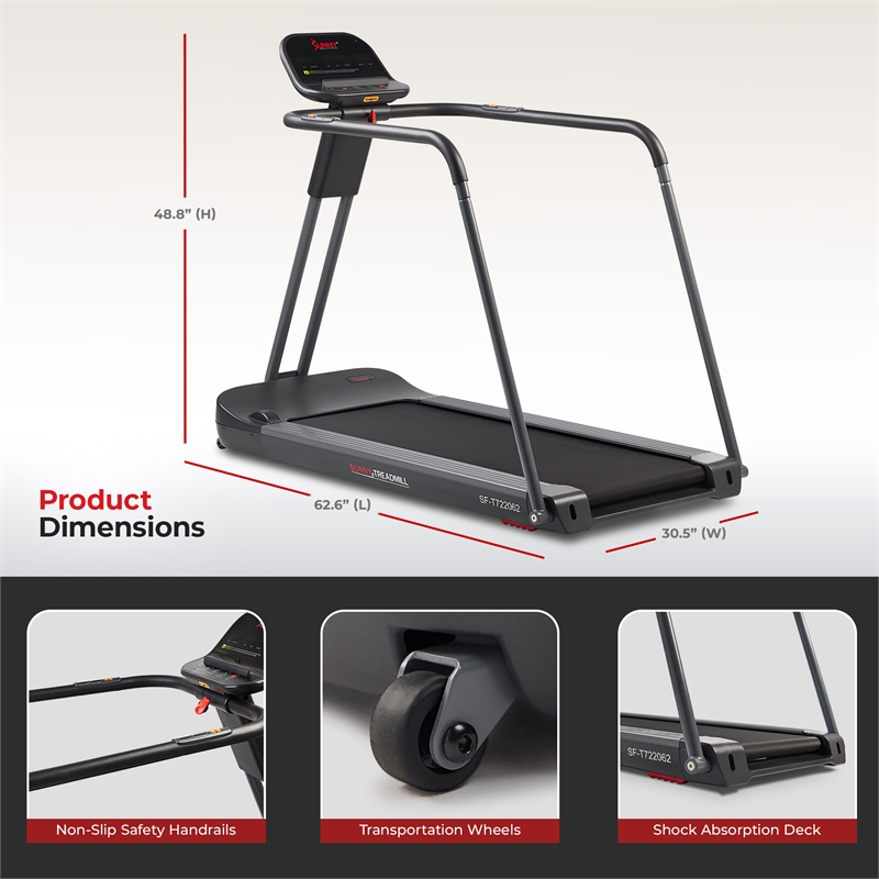 Sunny Health & Fitness Running Treadmill with Handrails in Grey/Black