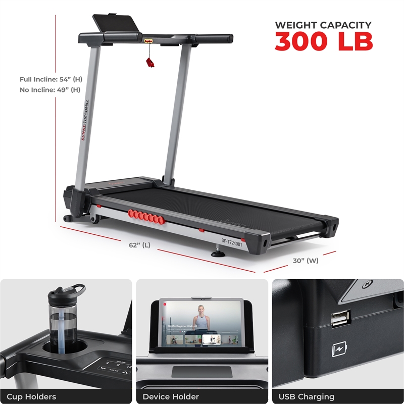 Sunny Health & Fitness Pace 500 Smart Auto Incline Treadmill in Black/Gray/Red