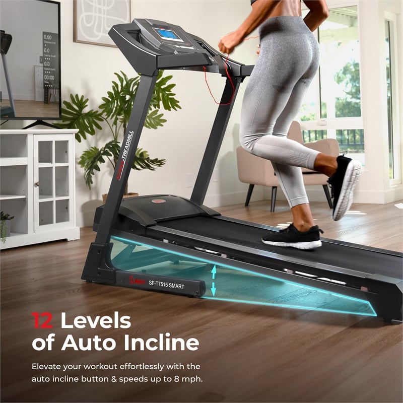 Sunny Health & Fitness Premium Smart Treadmill w/ Auto Incline in Black
