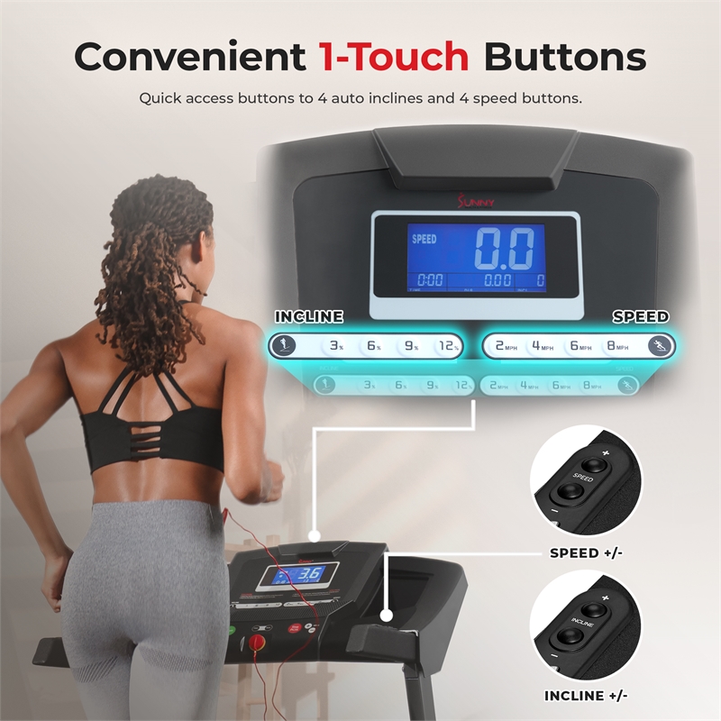 Sunny Health & Fitness Premium Smart Treadmill w/ Auto Incline in Black