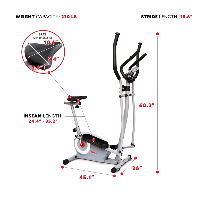 Sunny Health & Fitness Essential Interactive Series Seated Elliptical in Grey