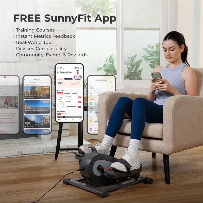 Sunny Health & Fitness Smart Motorized Mini Elliptical With 18-Levels Speed-Grey