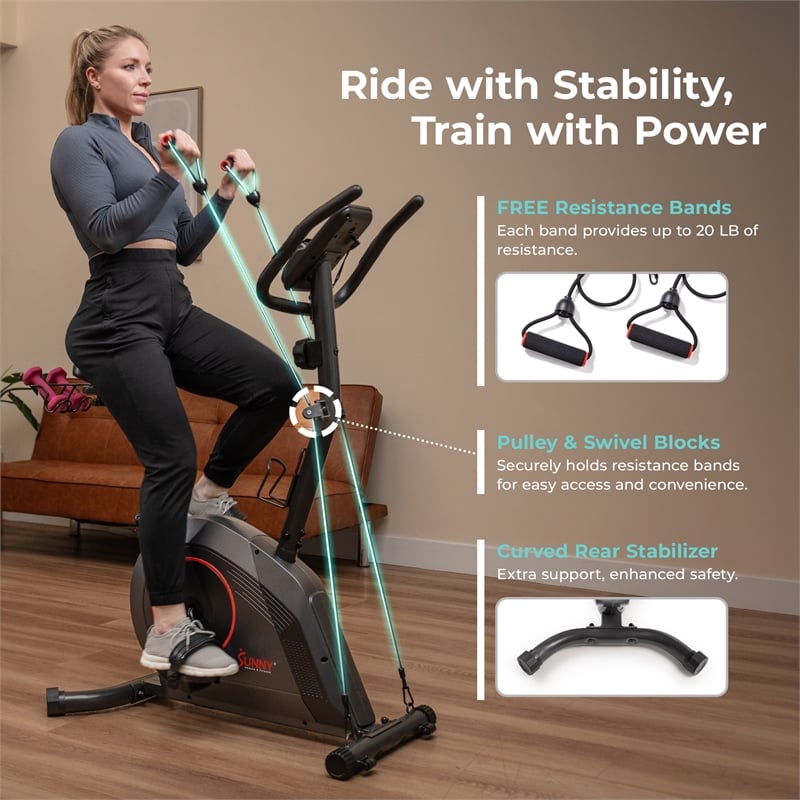 Sunny Health & Fitness Corezy 16-Level Mag Upright Bike w/ Bands in Black