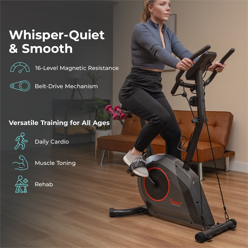 Sunny Health & Fitness Corezy 16-Level Mag Upright Bike w/ Bands in Black