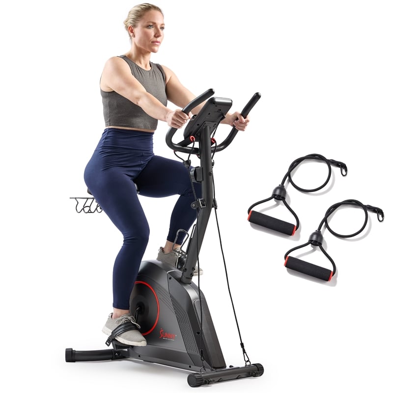 Sunny Health & Fitness Corezy 16-Level Mag Upright Bike w/ Bands in Black