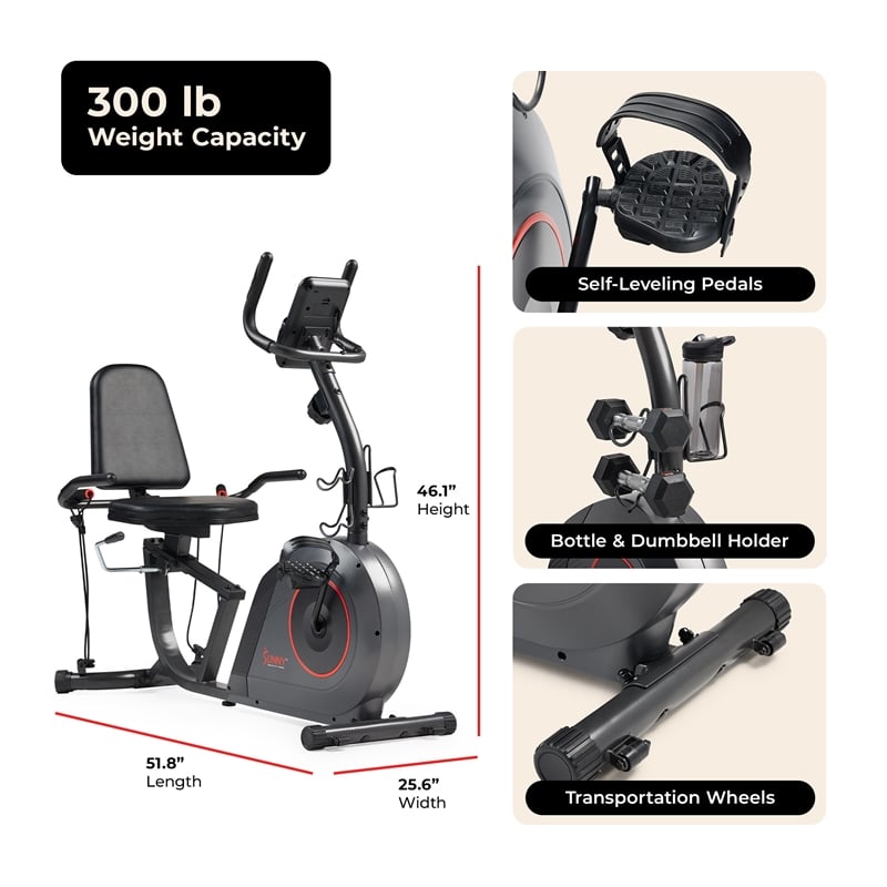 Sunny Health & Fitness Corezy 16-Level Smart Recumb Bike w/ Bands in Gray