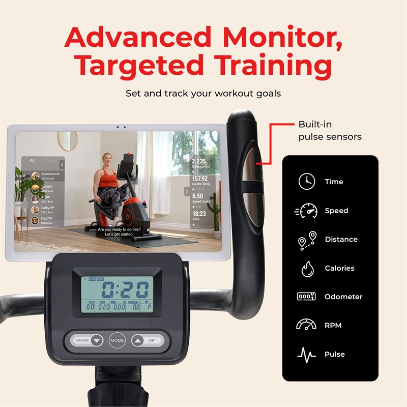 Sunny Health & Fitness Corezy 16-Level Smart Recumb Bike w/ Bands in Gray