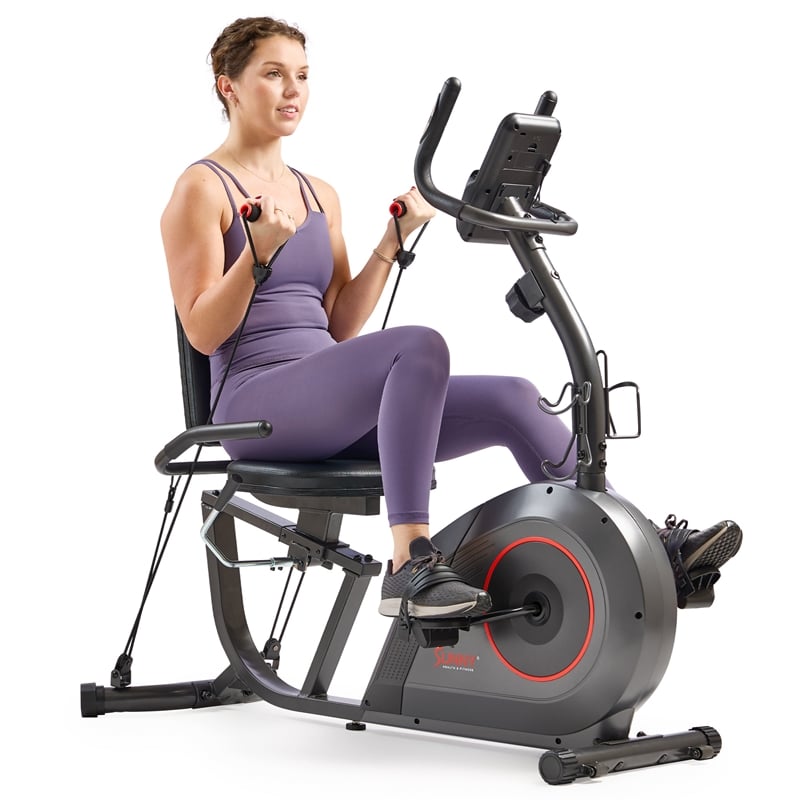 Sunny Health & Fitness Corezy 16-Level Smart Recumb Bike w/ Bands in Gray