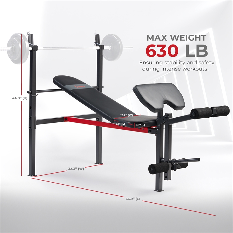 Sunny Health & Fitness Adj Standard Incline Bench w/ Leg Dev in Black