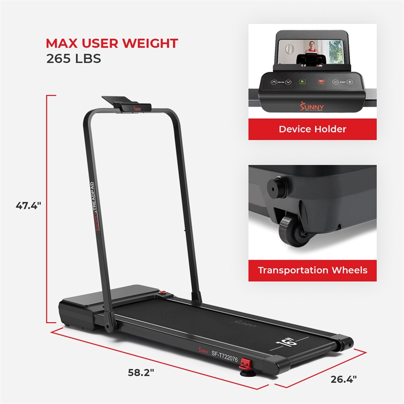 Sunny Health & Fitness Pacer Smart Compact Auto Incline Treadpad Treadmill-Black