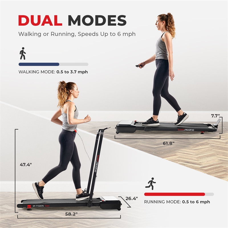 Sunny Health & Fitness Pacer Smart Compact Auto Incline Treadpad Treadmill-Black