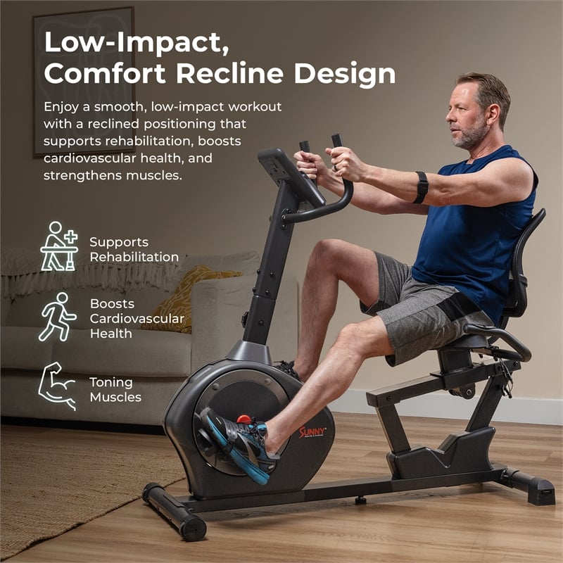 Sunny Health & Fitness Smart HD Mag Recumb Bike w/ 350LB Cap in Black