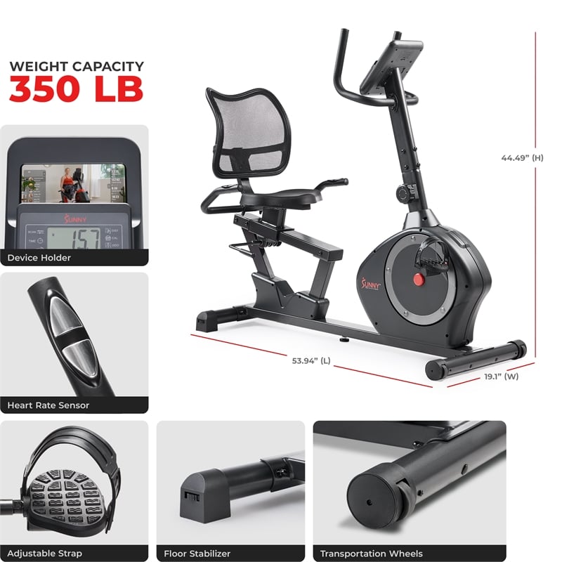 Sunny Health & Fitness Smart HD Mag Recumb Bike w/ 350LB Cap in Black