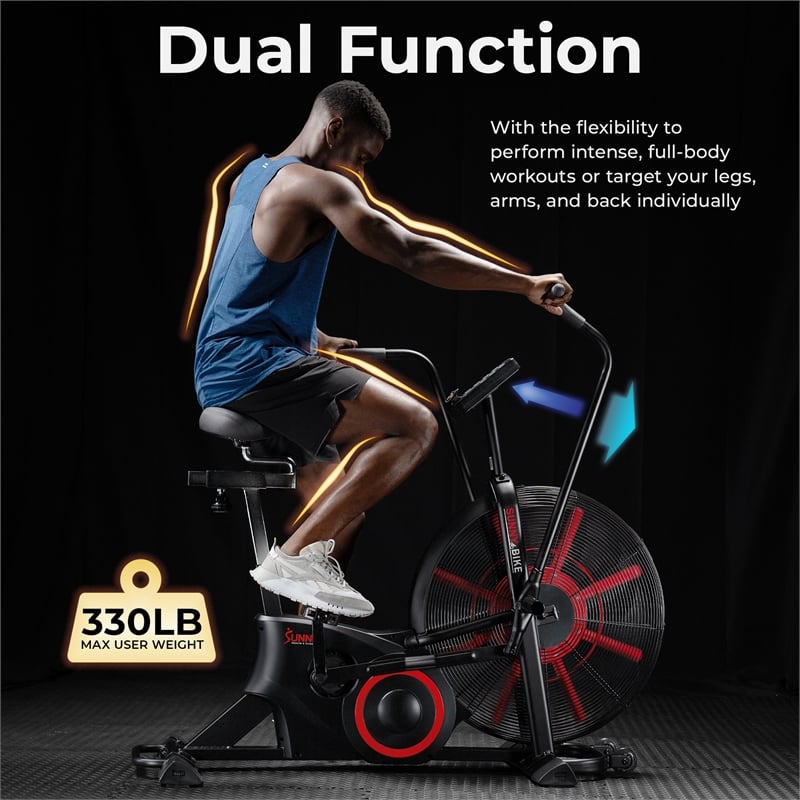 Sunny Health & Fitness Tornado Smart Dual Belt Air Bike in Balck