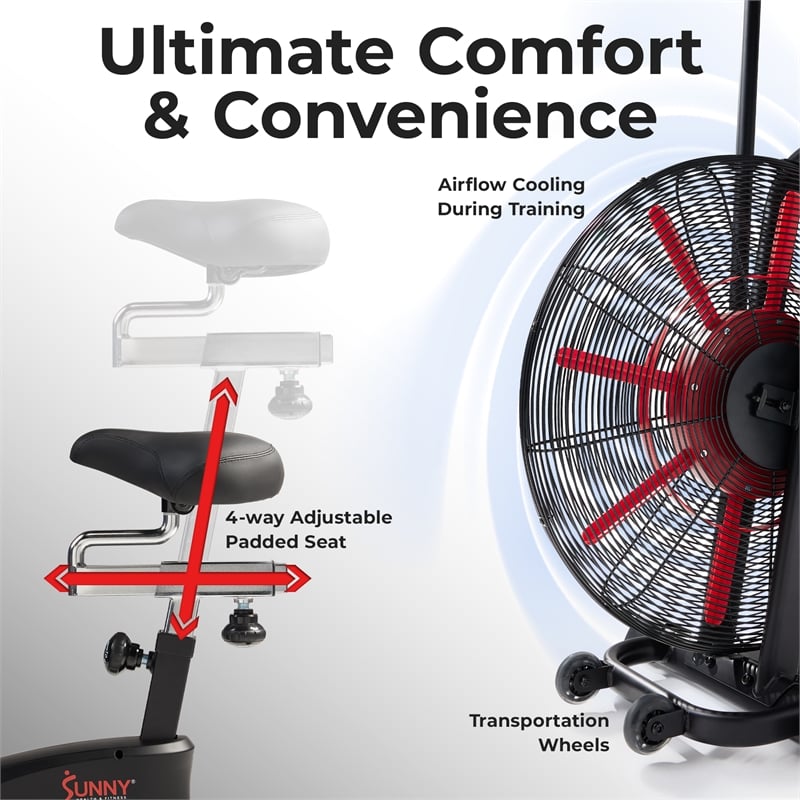 Sunny Health & Fitness Tornado Smart Dual Belt Air Bike in Balck