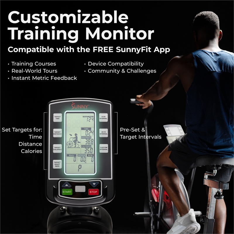 Sunny Health & Fitness Tornado Smart Dual Belt Air Bike in Balck