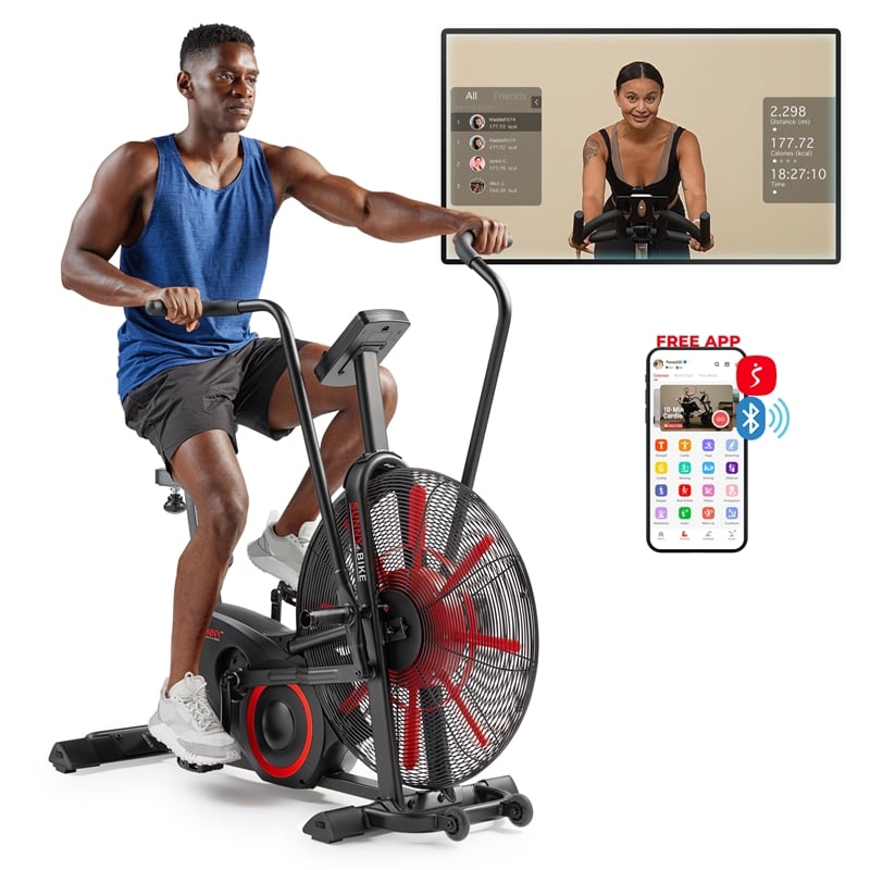 Sunny Health & Fitness Tornado Smart Dual Belt Air Bike in Balck