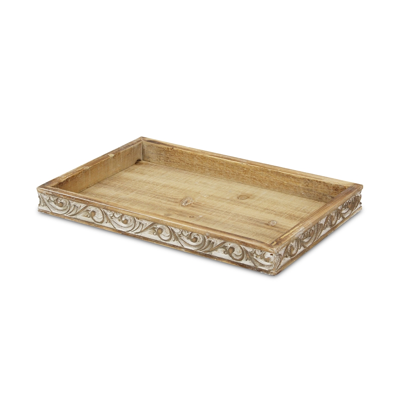 Dahlia Elegant Brown & White Wood Tray with Side Carvings