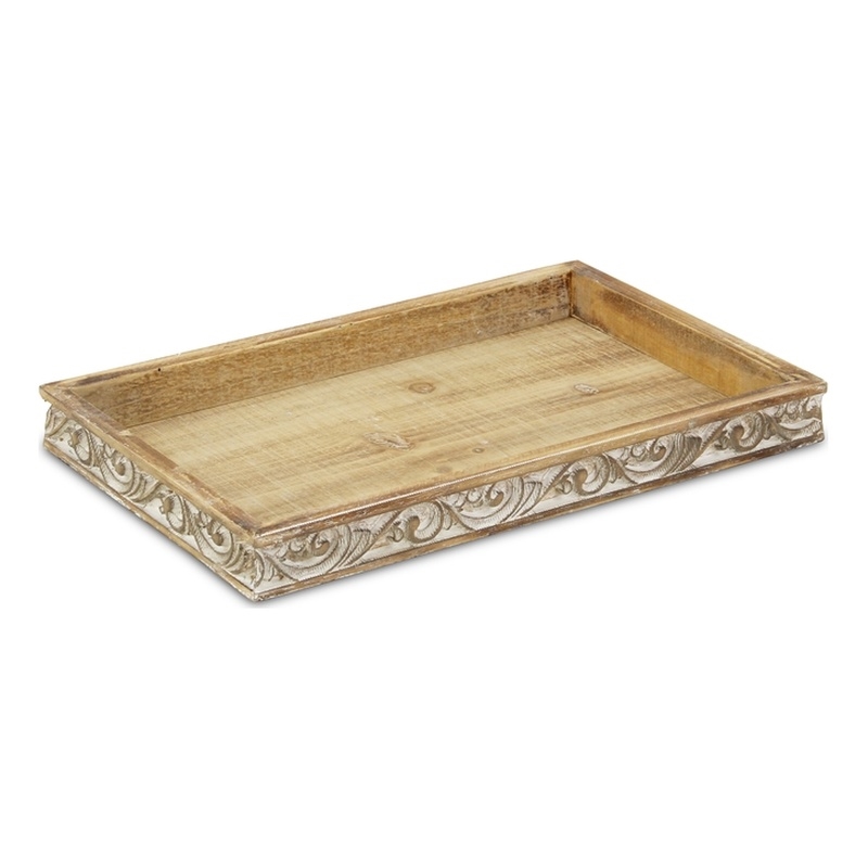 Dahlia Elegant Brown & White Wood Tray with Side Carvings
