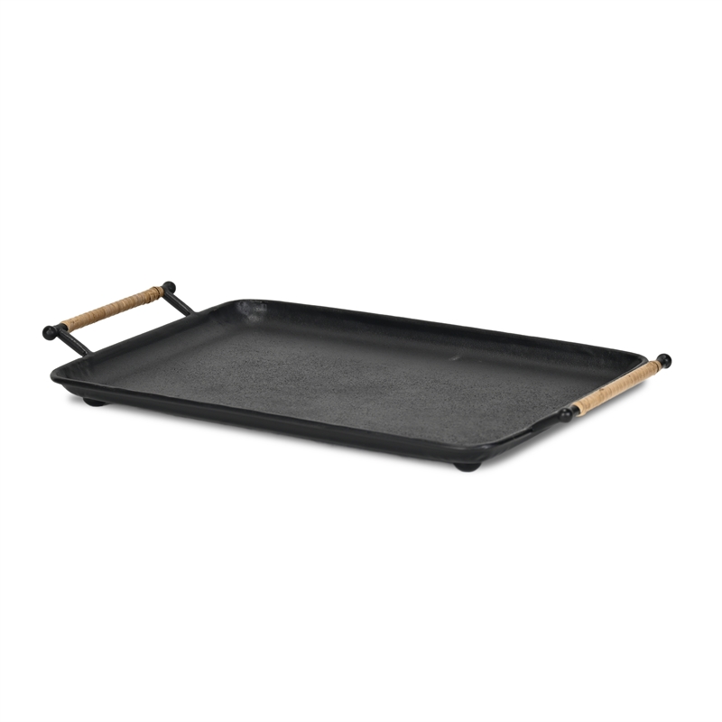 Syla Black Metal Tray with Wicker Wrapped Handles