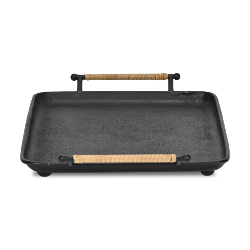 Syla Black Metal Tray with Wicker Wrapped Handles
