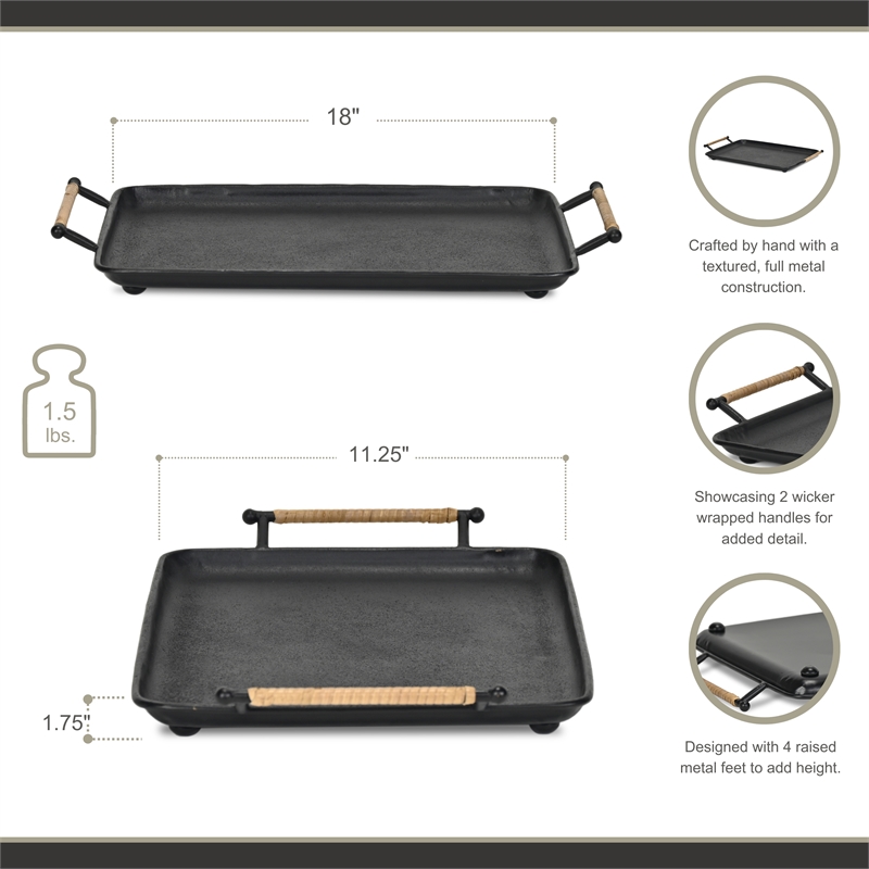 Syla Black Metal Tray with Wicker Wrapped Handles