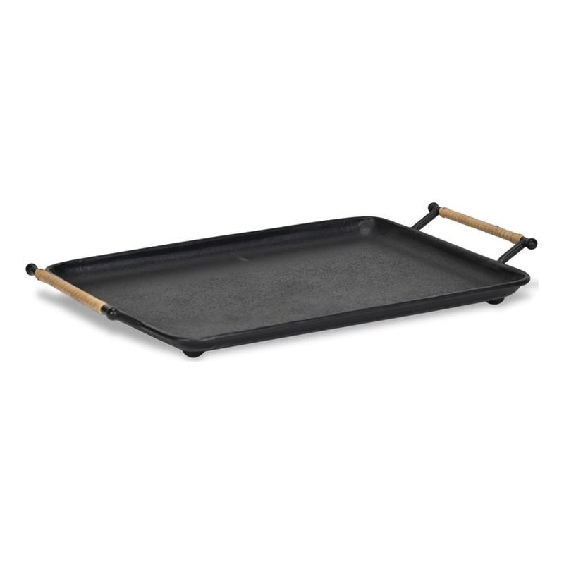 Syla Black Metal Tray with Wicker Wrapped Handles