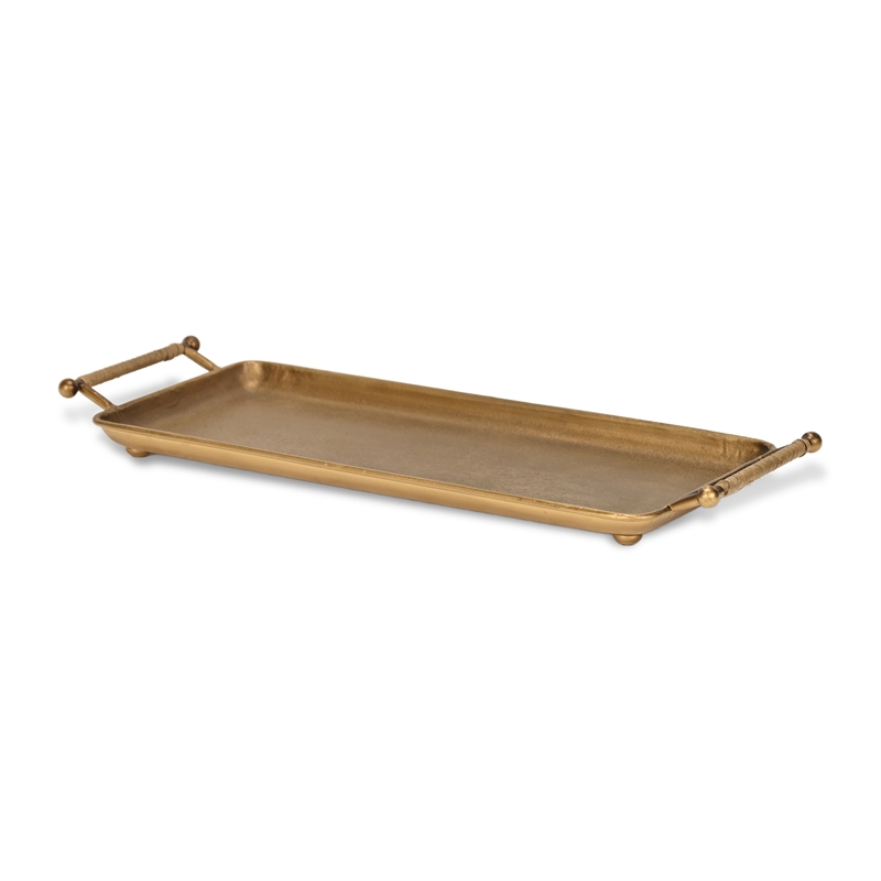 Syla Gold Metal Tray with Wicker Wrapped Handles