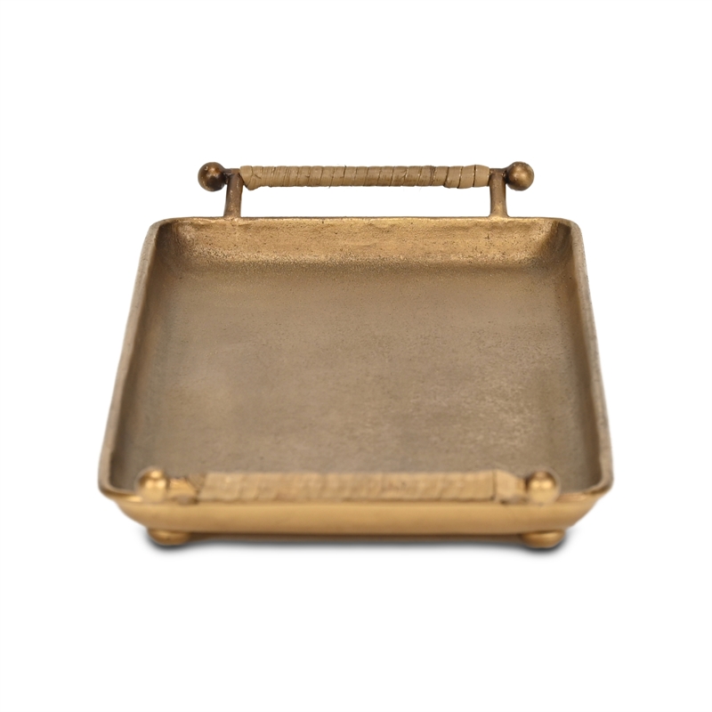 Syla Gold Metal Tray with Wicker Wrapped Handles