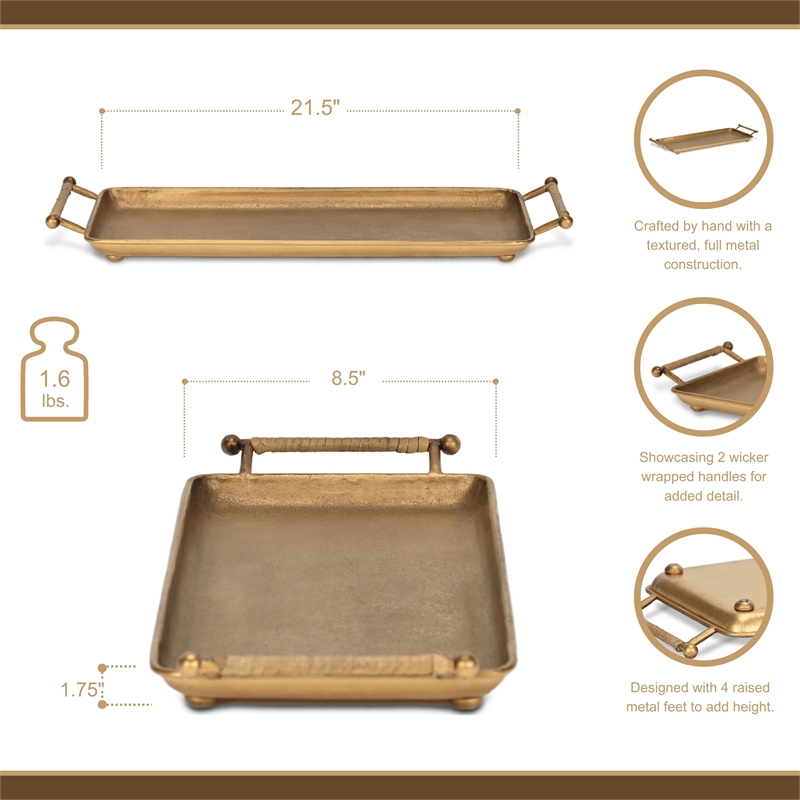 Syla Gold Metal Tray with Wicker Wrapped Handles
