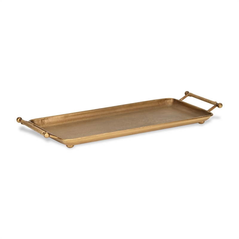 Syla Gold Metal Tray with Wicker Wrapped Handles