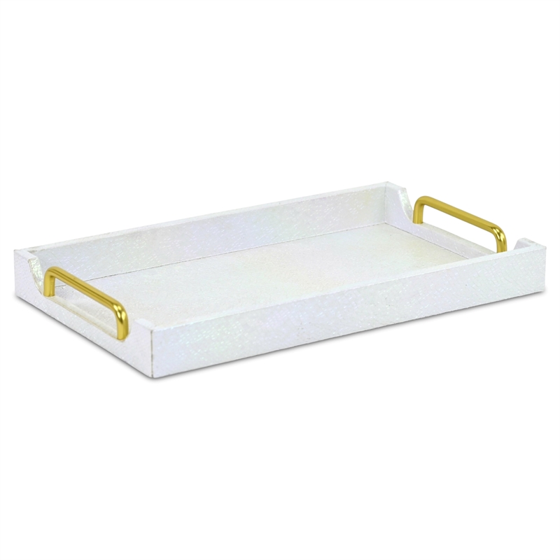 Nimue Seascale Pattern Iridescent White Vinyl Tray with Gold Hardware