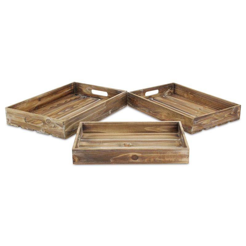 Nora Set of 3 Slatted Brown Wood Trays