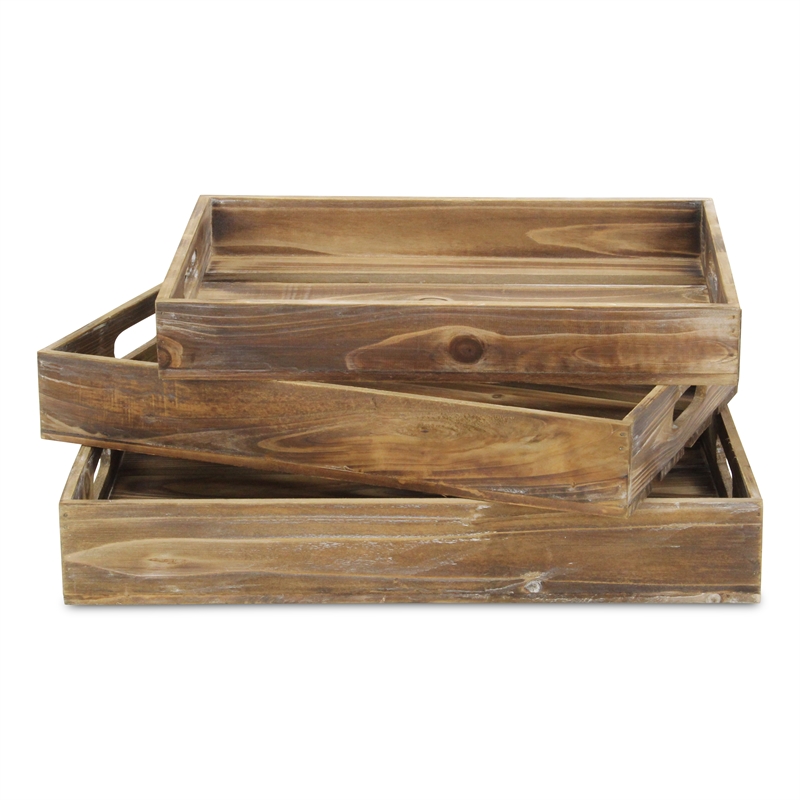 Nora Set of 3 Slatted Brown Wood Trays