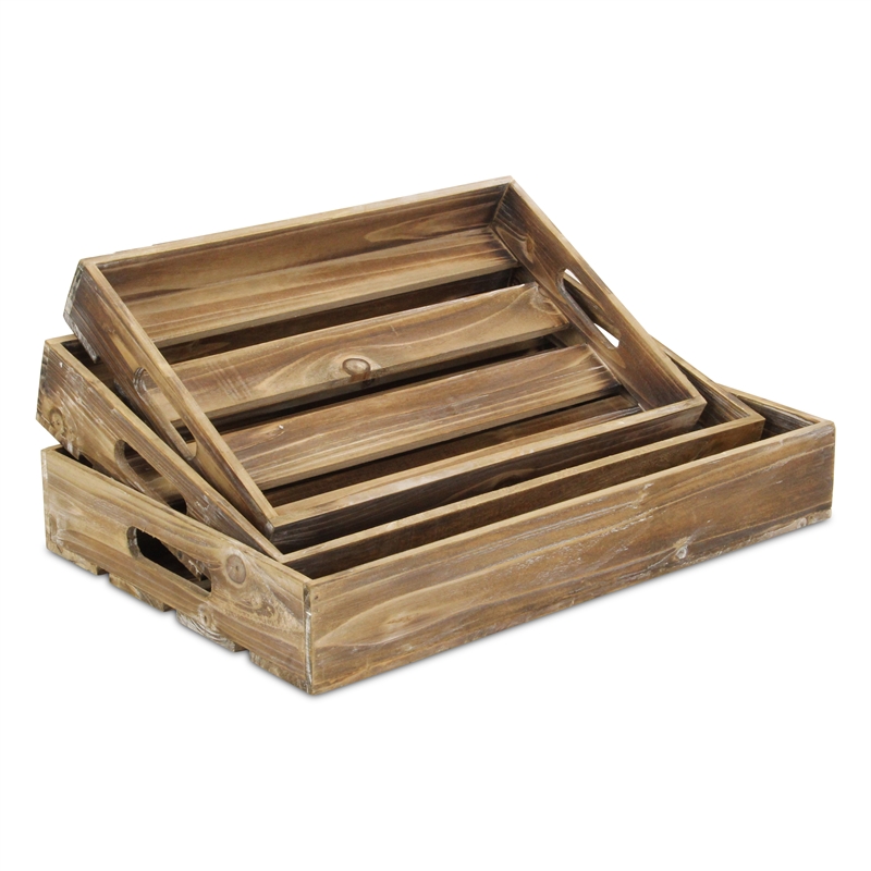 Nora Set of 3 Slatted Brown Wood Trays