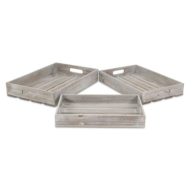 Nora Set of 3 Slatted Gray Wash Wood Trays