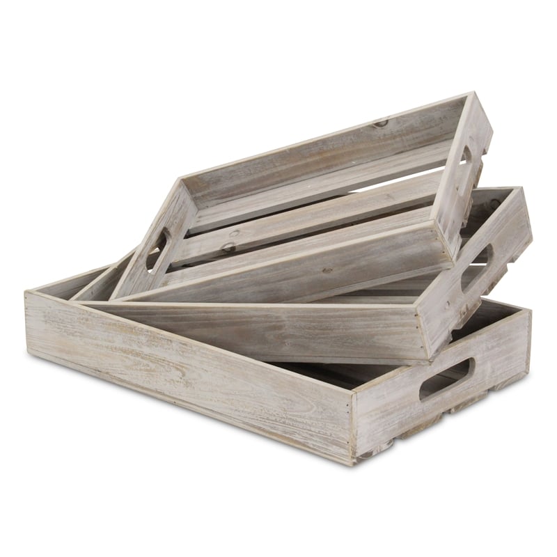Nora Set of 3 Slatted Gray Wash Wood Trays