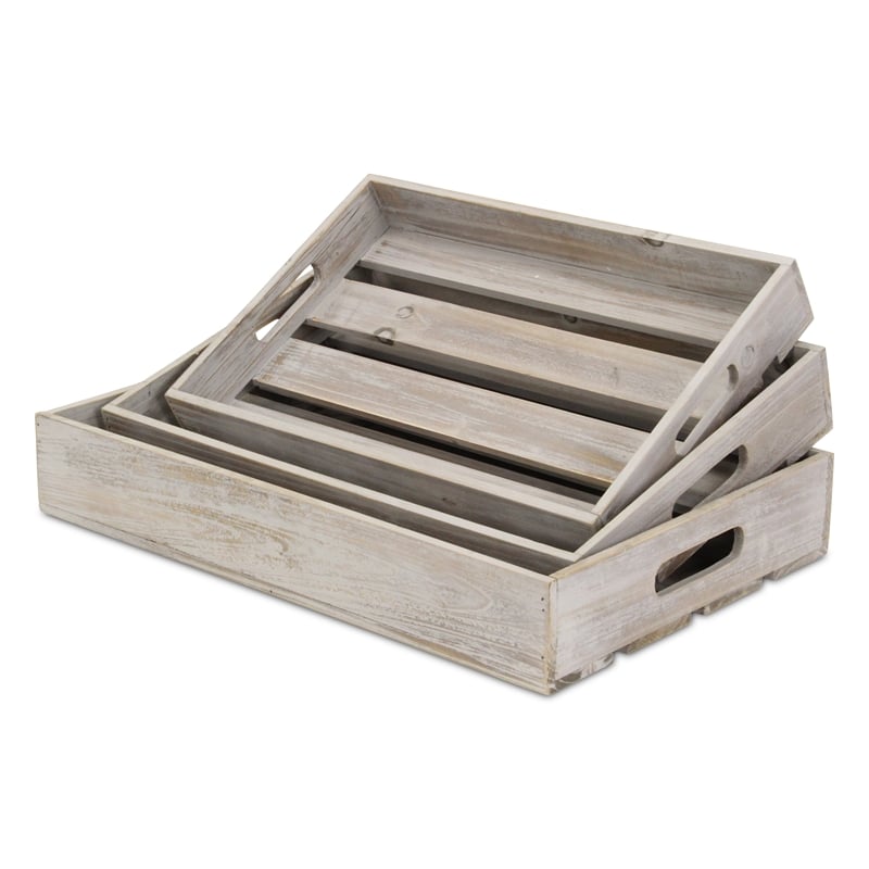 Nora Set of 3 Slatted Gray Wash Wood Trays