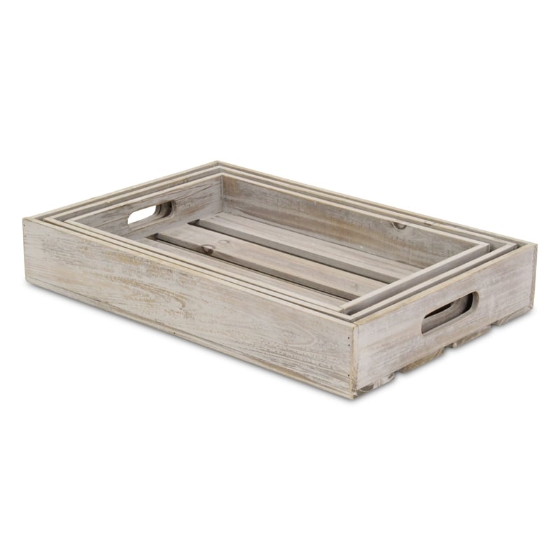 Nora Set of 3 Slatted Gray Wash Wood Trays