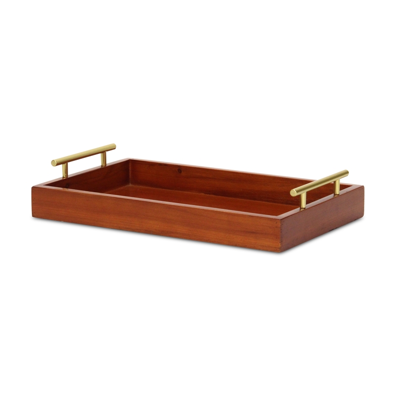 Coran Wooden Rectangle Tray - Gold Metal Handles -