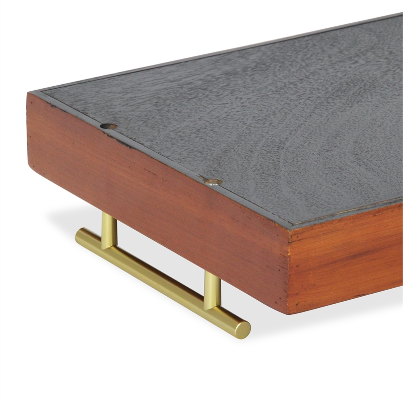 Coran Wooden Rectangle Tray - Gold Metal Handles -