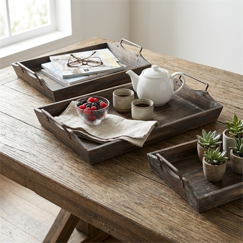 Keaton Set of 4 Metal Handled Wood Trays