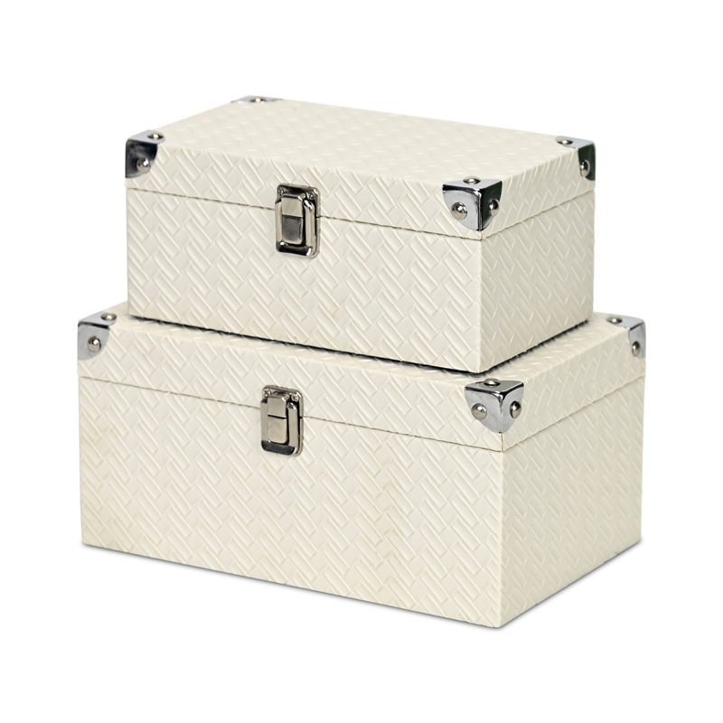 Estina Set of 2 Woven Vinyl Pattern Wood Boxes - White