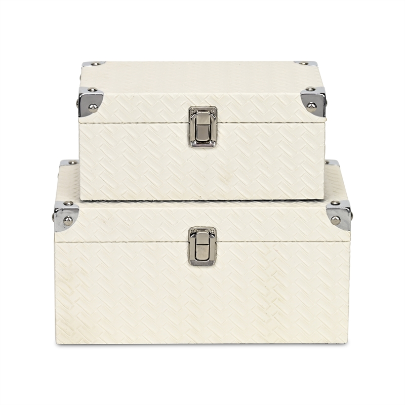 Estina Set of 2 Woven Vinyl Pattern Wood Boxes - White