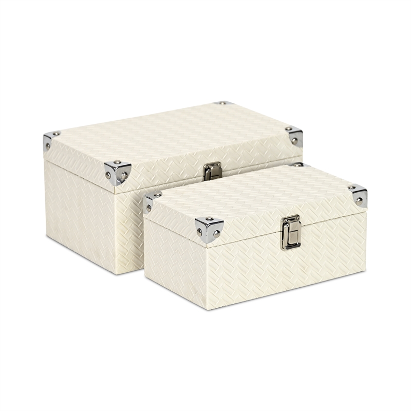 Estina Set of 2 Woven Vinyl Pattern Wood Boxes - White