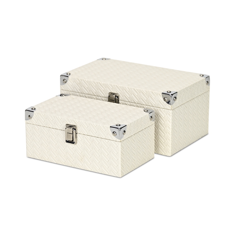 Estina Set of 2 Woven Vinyl Pattern Wood Boxes - White