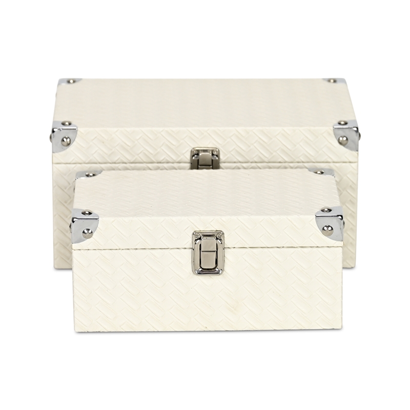Estina Set of 2 Woven Vinyl Pattern Wood Boxes - White