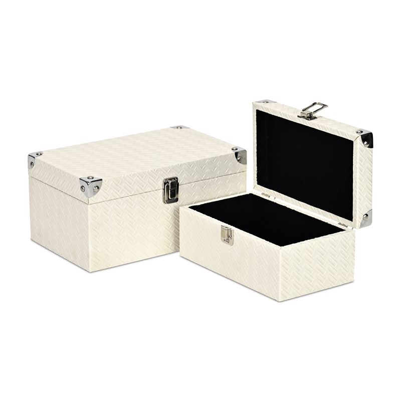 Estina Set of 2 Woven Vinyl Pattern Wood Boxes - White